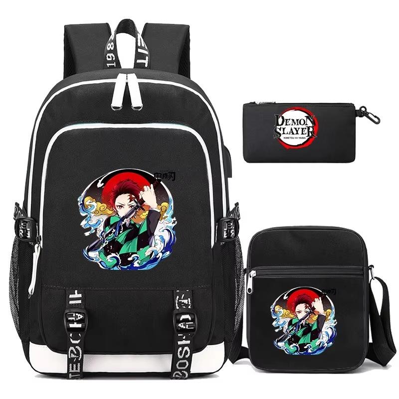 

New student schoolbag three-piece set, ghost extinguishing peripheral printed backpack, men s and women s versatile casual shoulder bag, pencil bag. Average Size