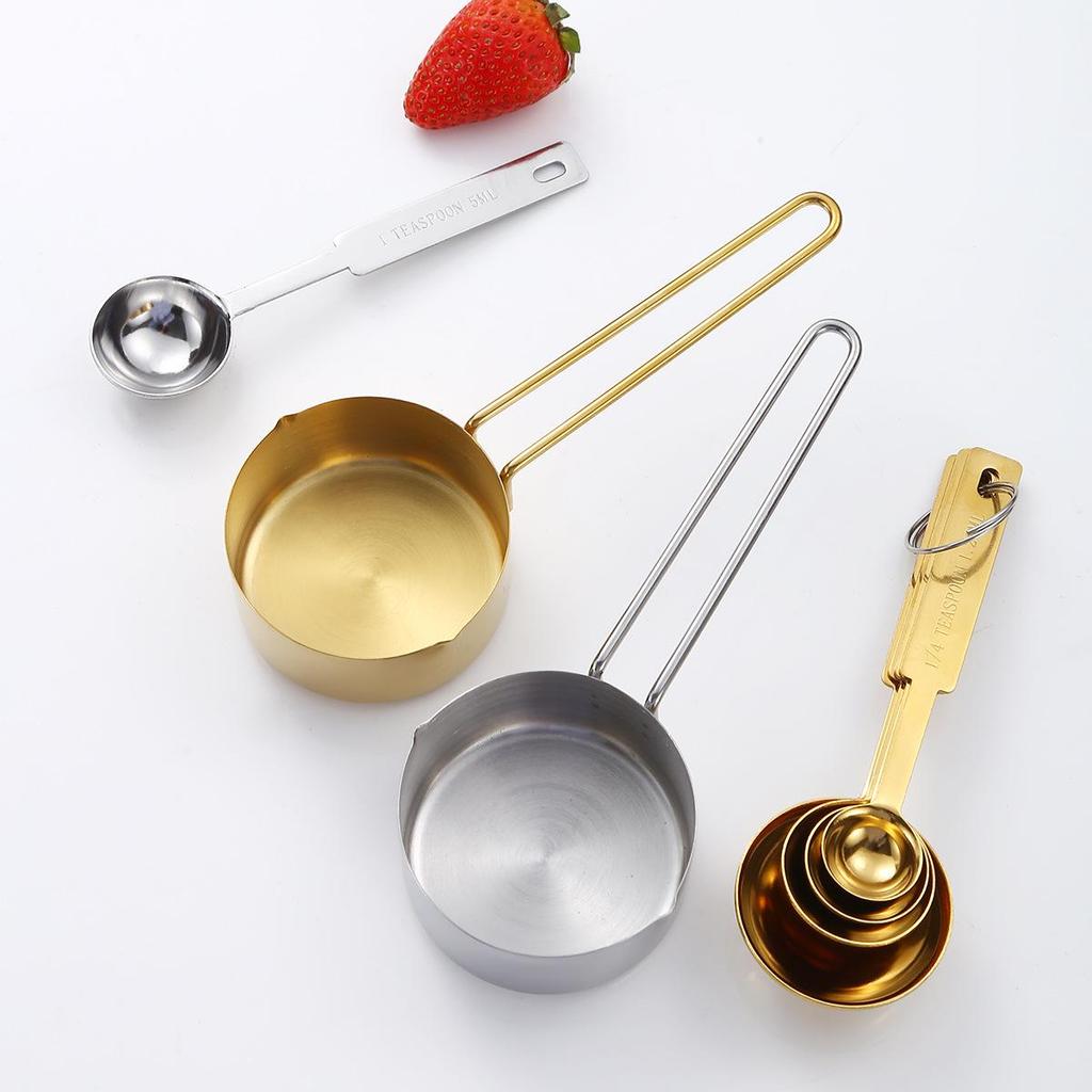 Stainless Steel Measuring Cup & Spoon Set for Coffee, Seasoning, Baking - 4 or 8 Piece Set.
