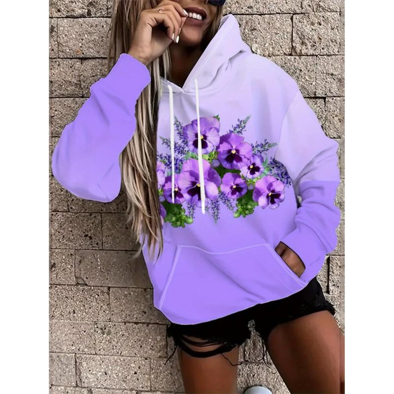 Womens Floral Print Hooded Sweatshirt Soft Comfortable Casual Pullover Daily Wear