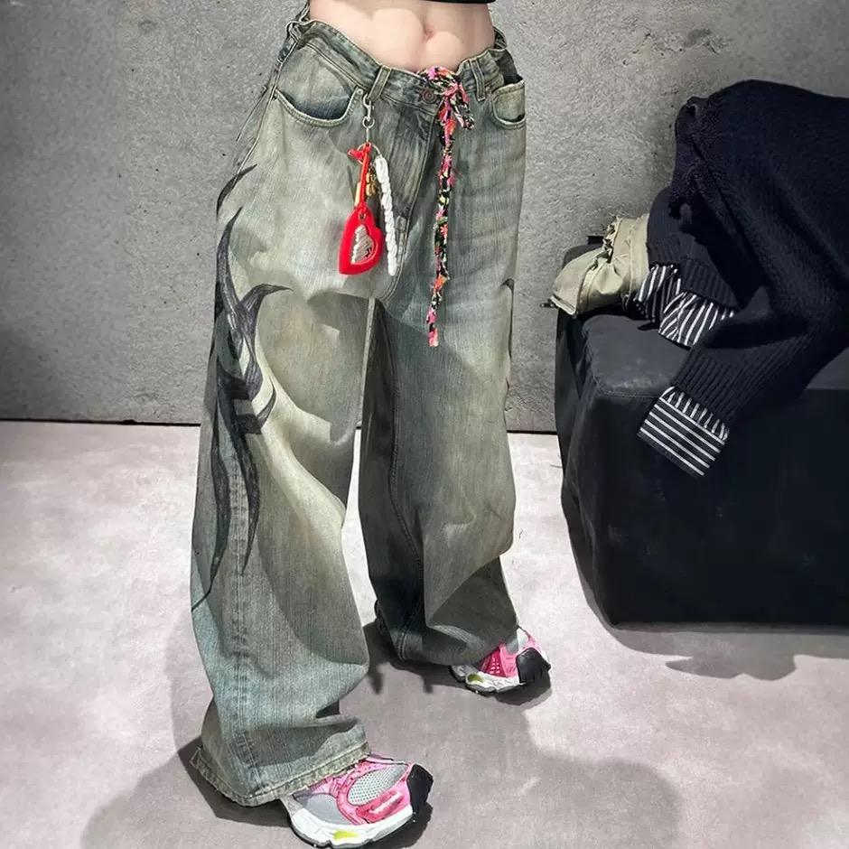

Женские джинсы с высокой талией и широкими штанинами Y2K American Vintage Mottled Totem Print Baggy Jeans, женские джинсы Harajuku Trendy Hip Hop Jeans L зелёный
