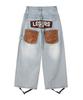 Lujeoseukeulleob Layered Leather Patch Curved Wide Denim Pants Light Blue