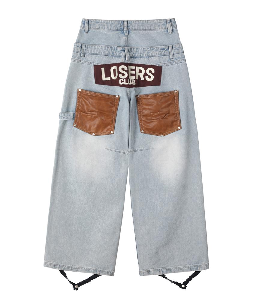Lujeoseukeulleob Layered Leather Patch Curved Wide Denim Pants Light Blue