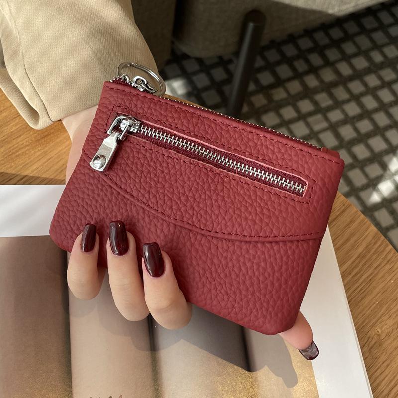 Change Bag Women's Short Small and Thin Zipper Change Bag New First-layer Cowhide Coin Key Storage