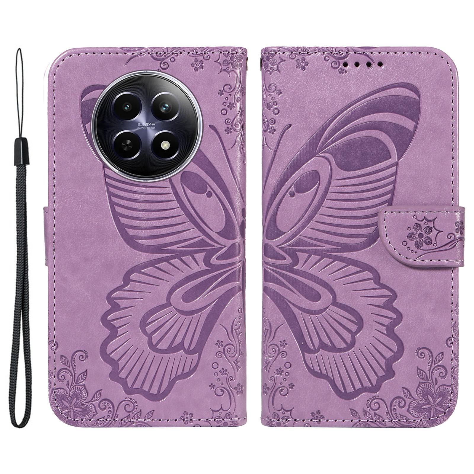 

For Realme 12 5G Phone Stand Case Butterfly Imprint Leather Wallet Phone Cover with Strap Light Purple