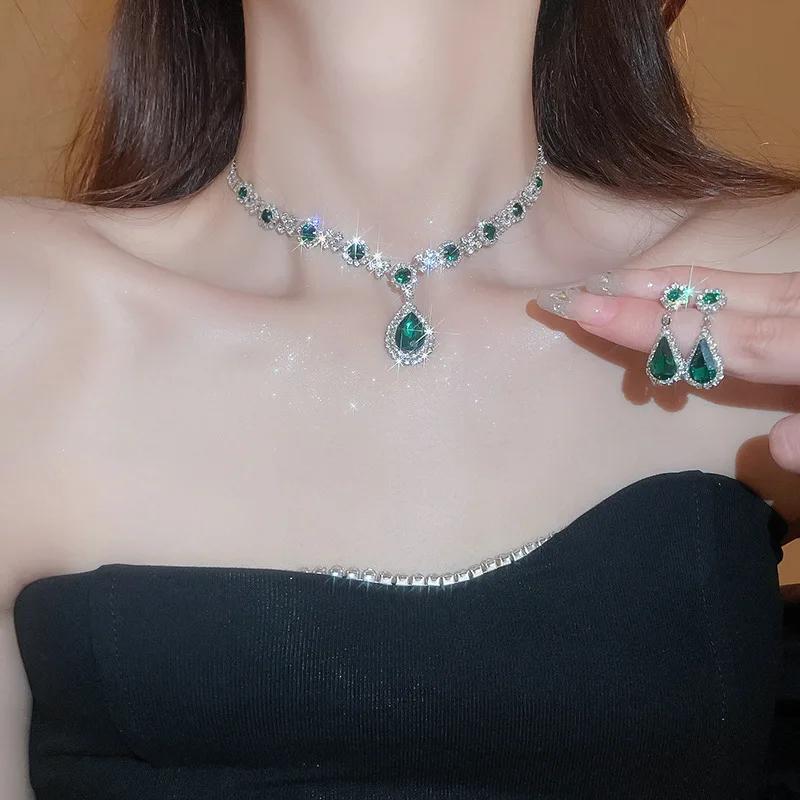 Fashion Green Stone Crystal Necklace Earrings Jewelry Set for Women Water Drop Crystal Necklace Earrings Luxury Bridal Wedding Jewelery