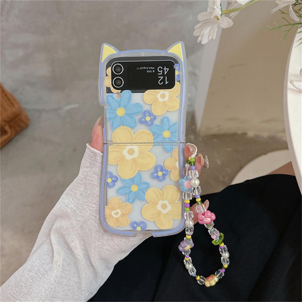 Custodia con Braccialetto a Catena per Polso Gatto con Orecchie da Fiore Cartone Animato per Samsung Galaxy Z Flip 6 5 4 3 Flip5 flip6 Pittura ad Olio Perline Braccialetto Copertura Colorata