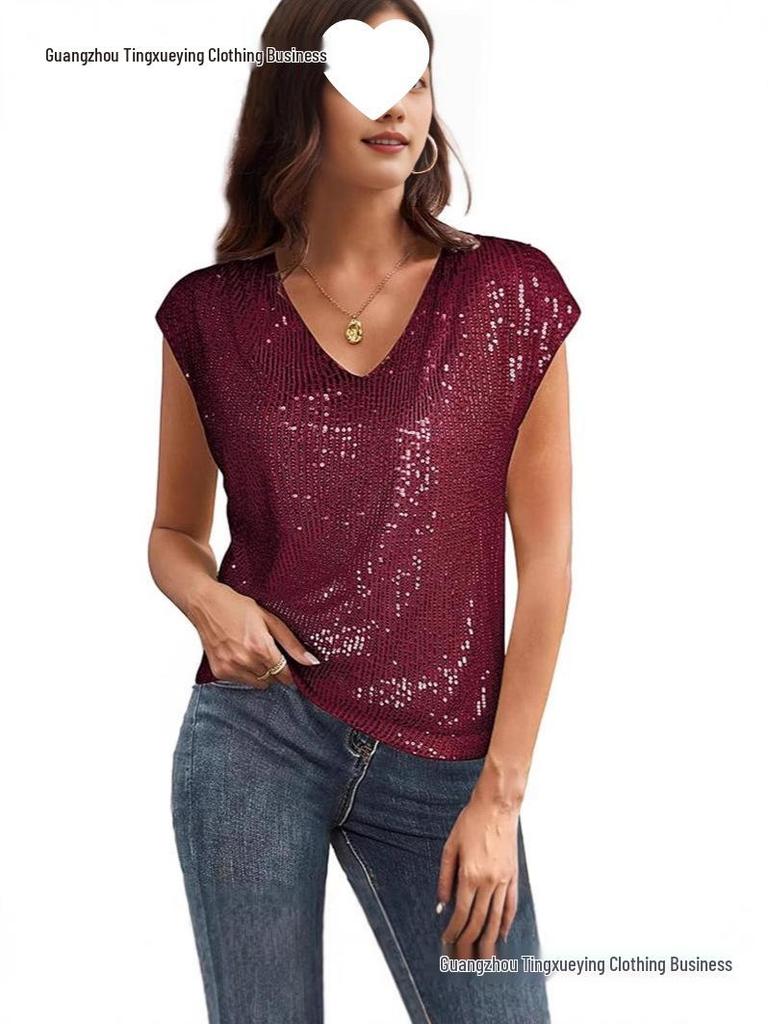 Women's Sequin V-Neck Party Vest Shirt