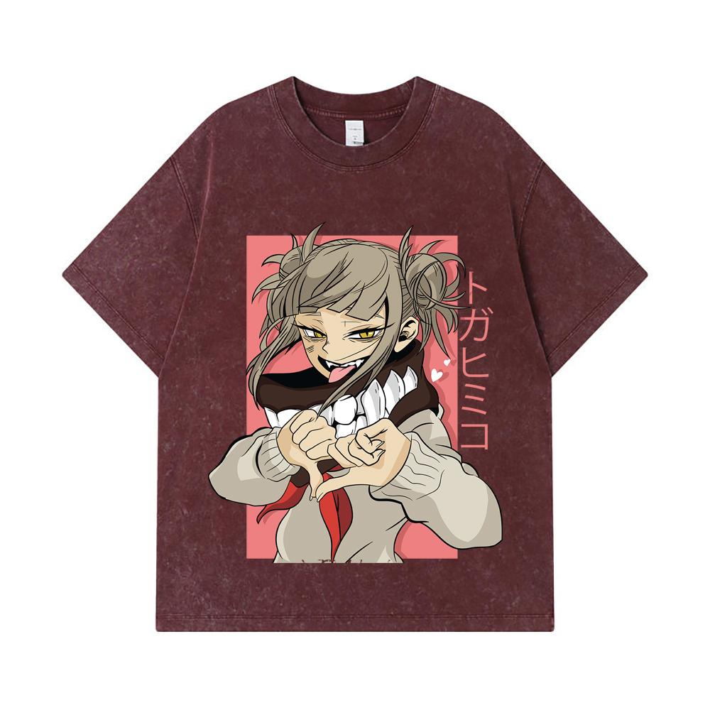 275 GSM Gewassen T-shirts 100% Katoen My Hero Academia V19 Toga Print Unisex Zwaar Katoenen T-shirt