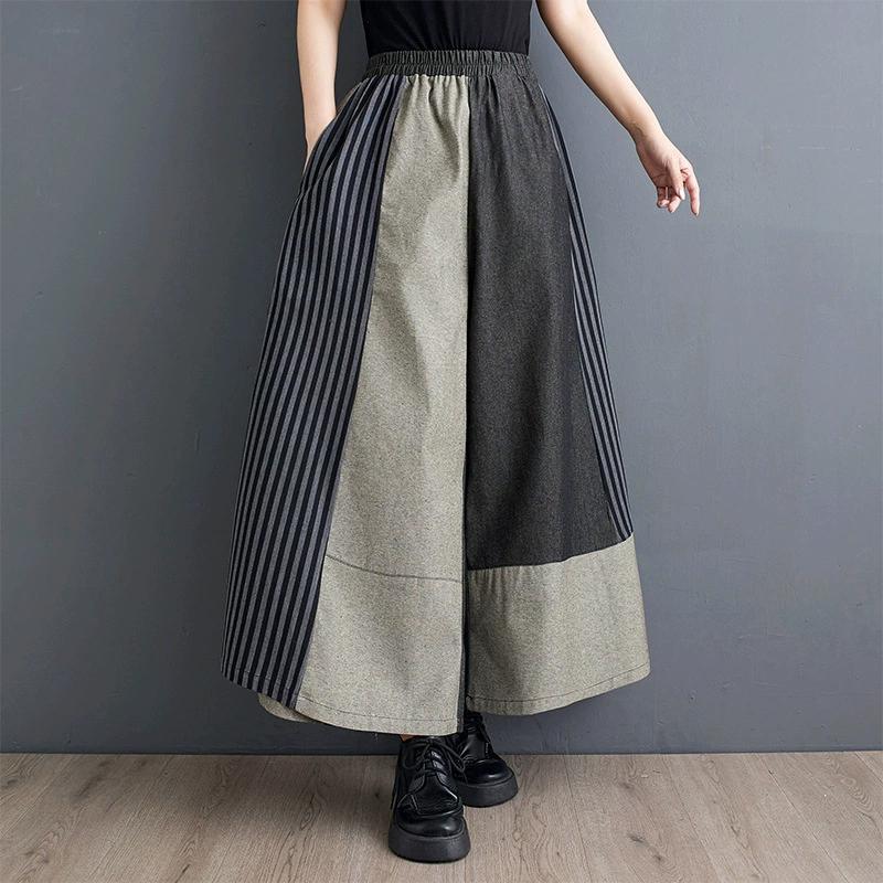 Women's Denim Patchwork Pants Casual Elastic Waist Trousers Straight Wide Leg Pants