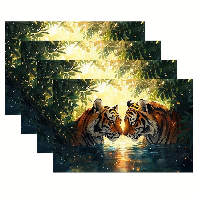 

4pcs Colorful Cartoon Tigers in Love Surrounded Placemats Farmhouse Dining Table Place Mats Spring Summer Country Rustic Kitchen 12x18in-4PCS