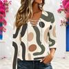 Women Plus Size V Neck Long Sleeve Printed Top Eyelet Chain Lace Up Curved Hem