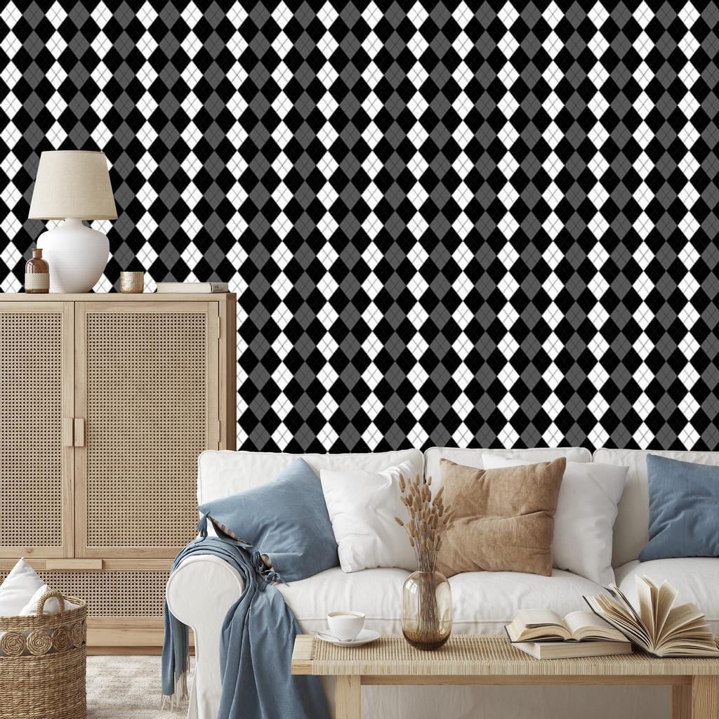 Black and white checkered wallpaper, graphite and black, for living room and bedroom, 50x1000