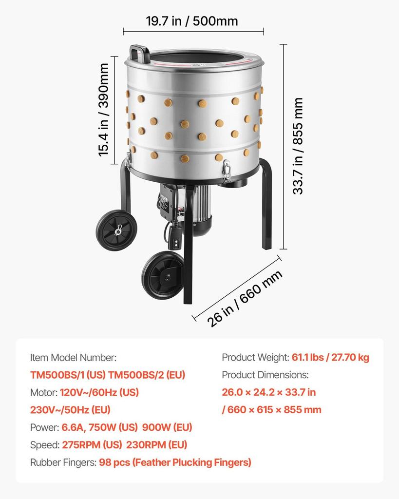 Chicken Plucker Machine, 500mm Drum, 900W & 230RPM Electric Chicken Plucking Machine with 98 Soft Fingers & Transport Wheels, Stainless Steel Feather