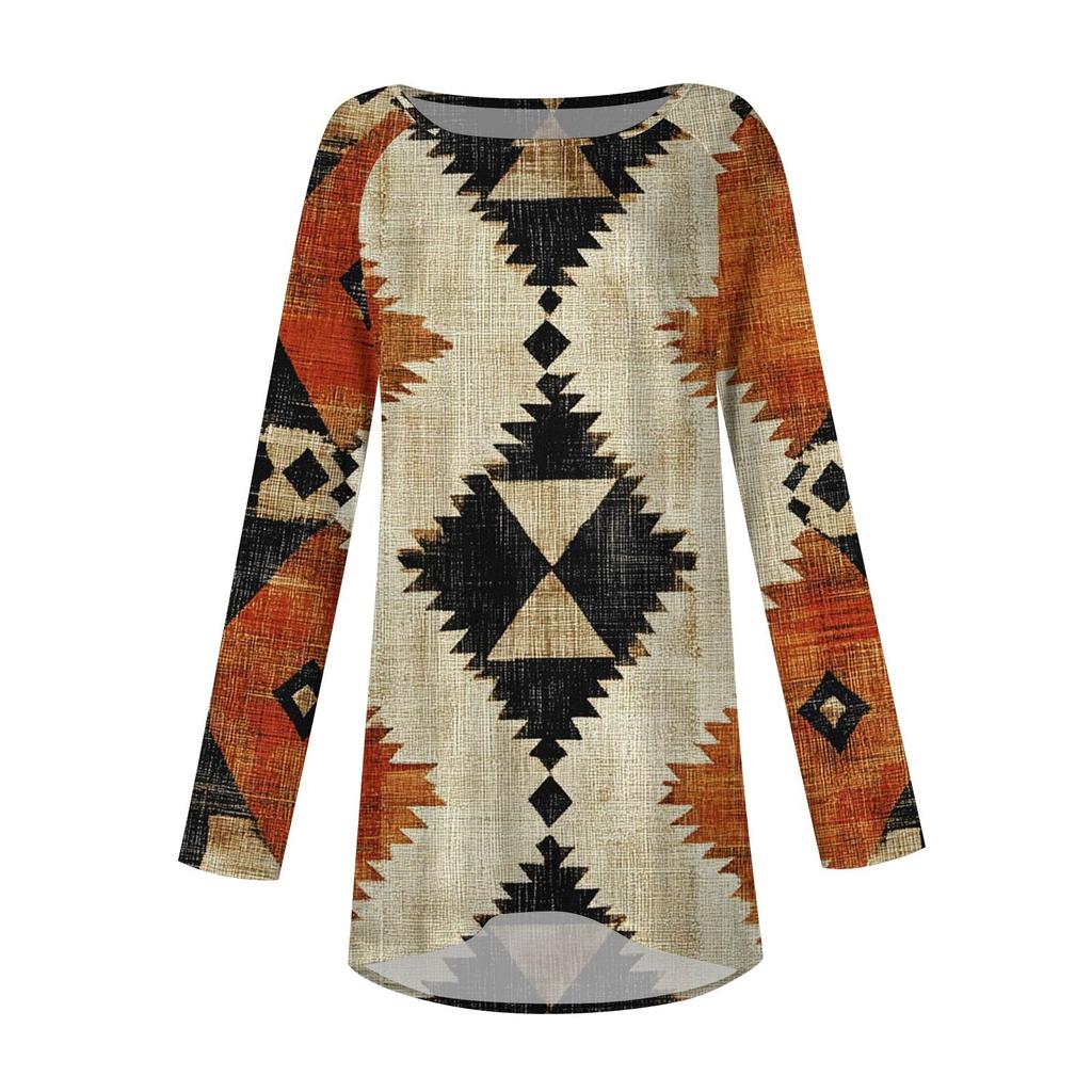 Women's Fashion Casual Long Sleeve  Print Round Neck Pullover Top Blouse