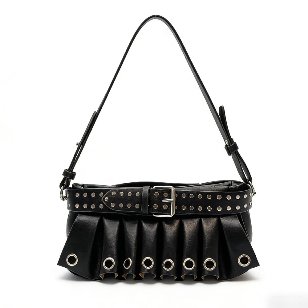 Fashion Y2k Studded Shoulder Bag Ruffled Skirt Belt Buckle Design Women Exquisite Versatile Handbag Cool Metallic Crossbody Bag