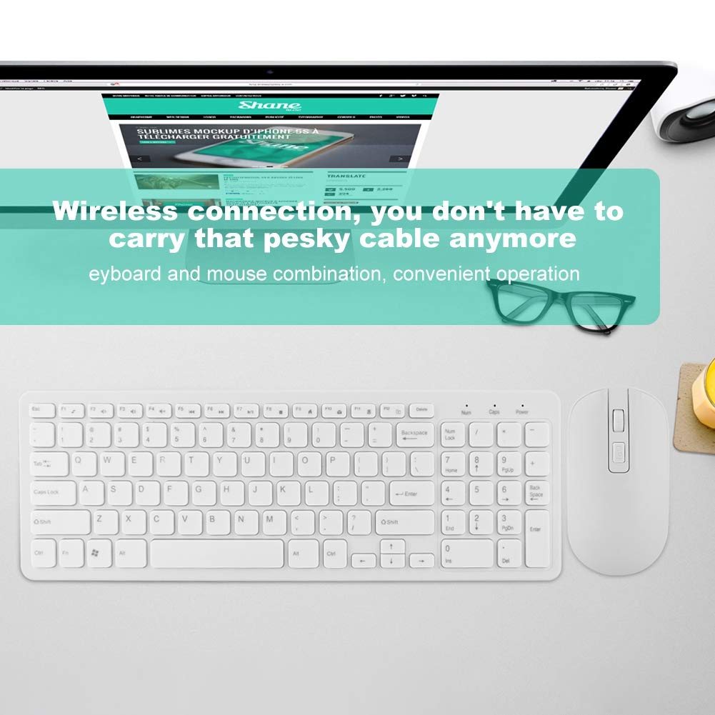 Wireless Keyboard and Mouse Set, 4 Colors Available, 2.4g Connection, ABS Material, for Learning, Work, and Gaming (White)