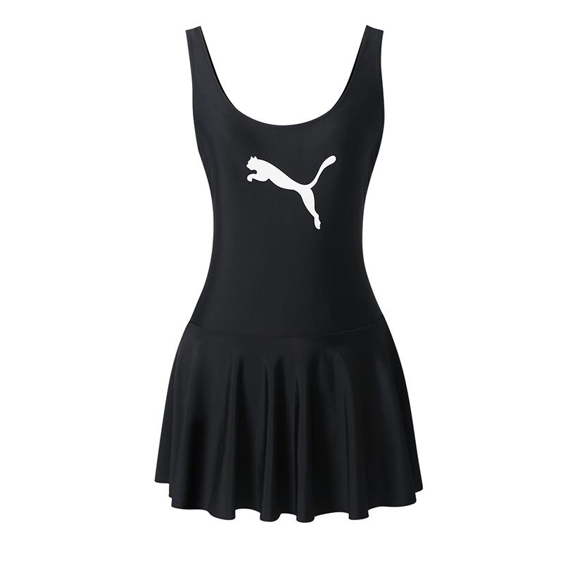 PUMA Unifarbener schlichter Logo-Print Eng anliegender ärmelloser Badeanzug Damen Badeanzug Schwarz 701221711-1A M