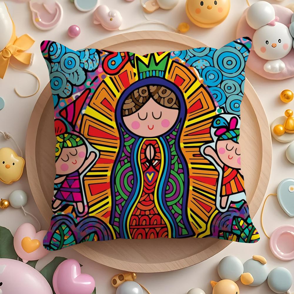 Cartoon Virgin Mary Art Cushion Cover Home & Car Multi-Scene Pillow Cover - Reversible, Soft & Durable for Daily Use