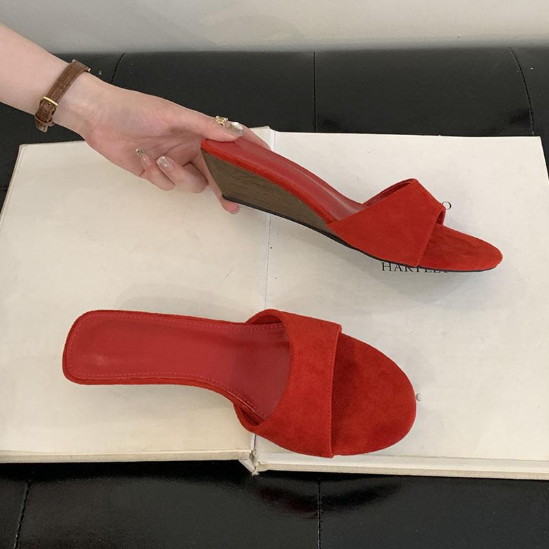 Mode Luxusmode Flock Damen Keilabsatz Hausschuhe Weibliche Pantoletten Sandalen Schuhe Runde Zehenpartie Schuhe Damen Absatz-Hausschuhe Keilabsatzschuhe