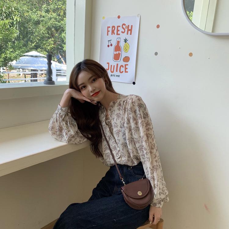 2025 Chic Korean Style Floral Chiffon Women's Long-Sleeve Puff Shirt