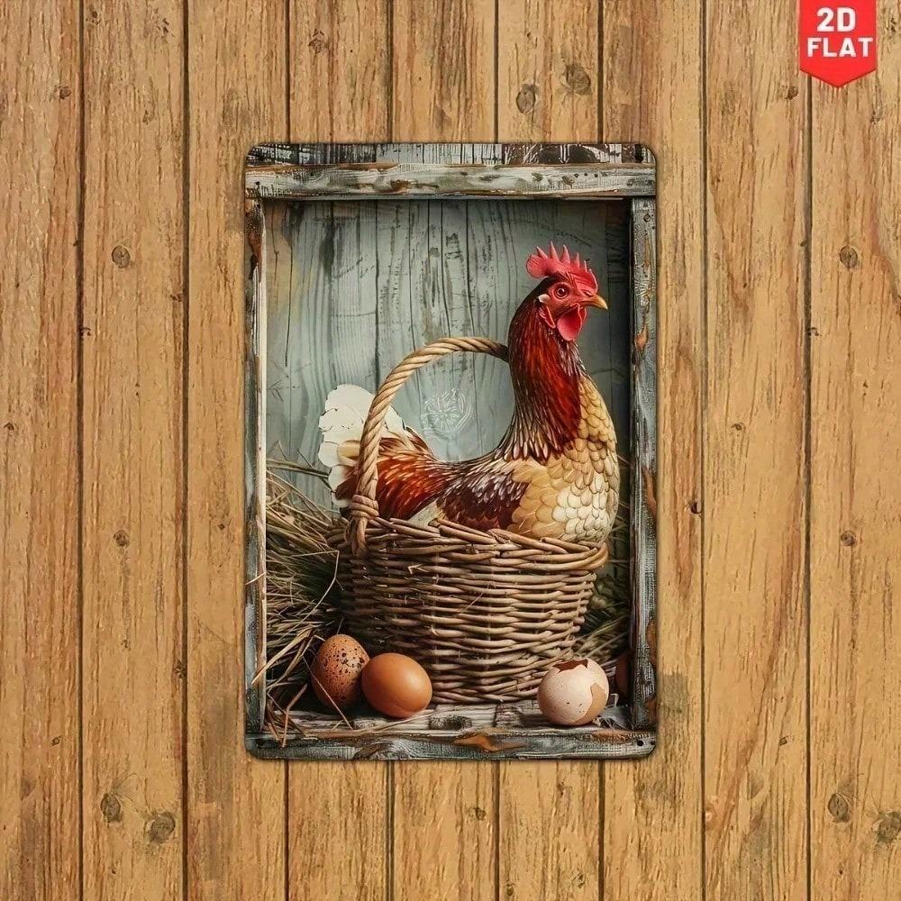 Póster Metálico Vintage Gallina de Granja Huevos Arte de Pared para Cocina