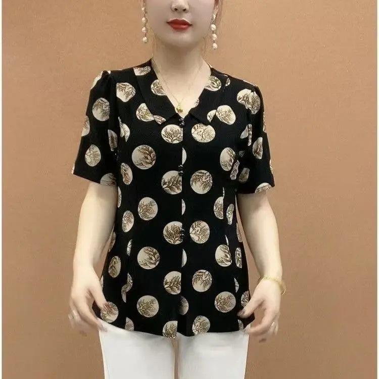 Summer Women's Blouse Lapel Neck Button Printed Ventilate All-match Elegant Loose Comfortable Three Quarter Tops
