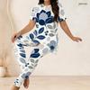 Women Plus Size Two Piece Coordinate Crew Neck Short Sleeve Blouse Long Trousers