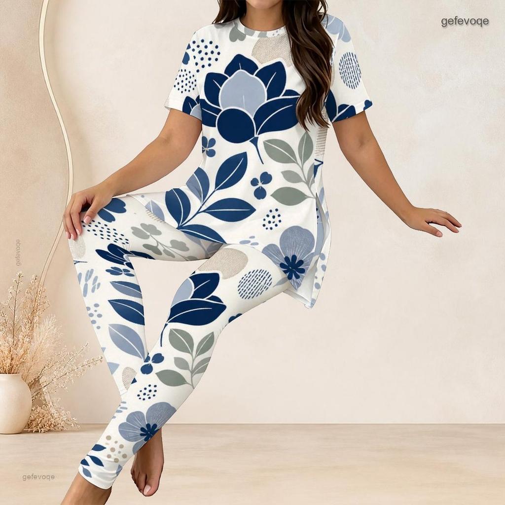 Women Plus Size Two Piece Coordinate Crew Neck Short Sleeve Blouse Long Trousers