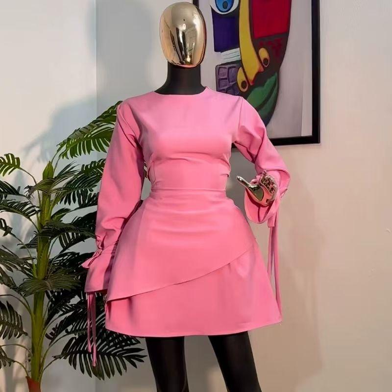 

Western Style New Sexy Backless Lace-up Long sleeve dress Sexy Backless Lace up Dress Pink 2XL