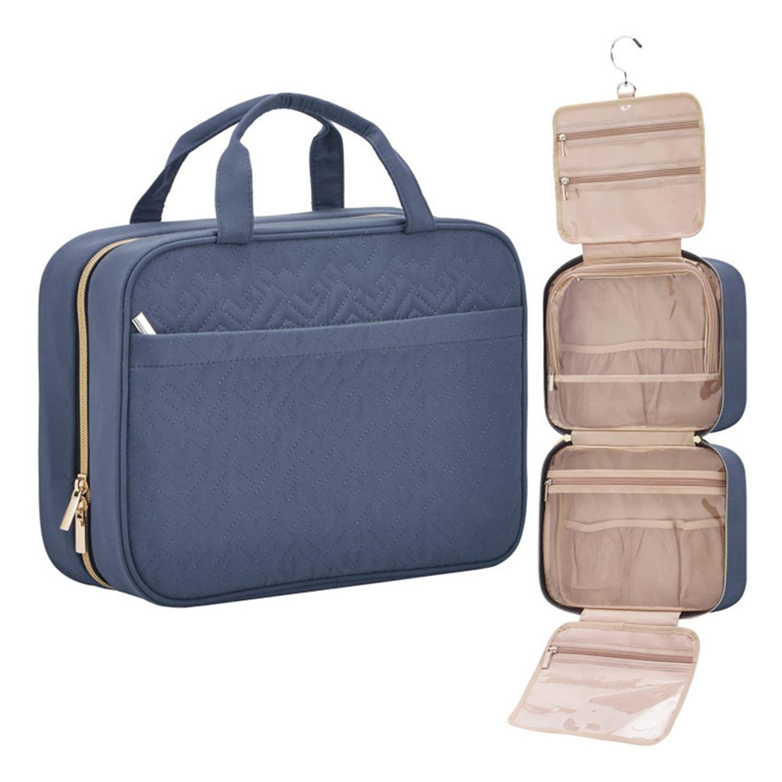 Waterproof Cosmetic Bag Organiser Large Double Layer Travel Portable Hanging Toiletries Storage Bag With Hook Case For Women синий