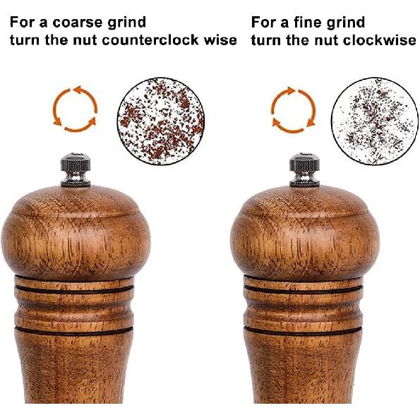 Wooden Pepper Mill, Ceramic Burr Adjustable Coarseness Pepper Grinder, Durable Manual Spice Pepper Mills Easily Refillable and Great Use, 8 Inch,