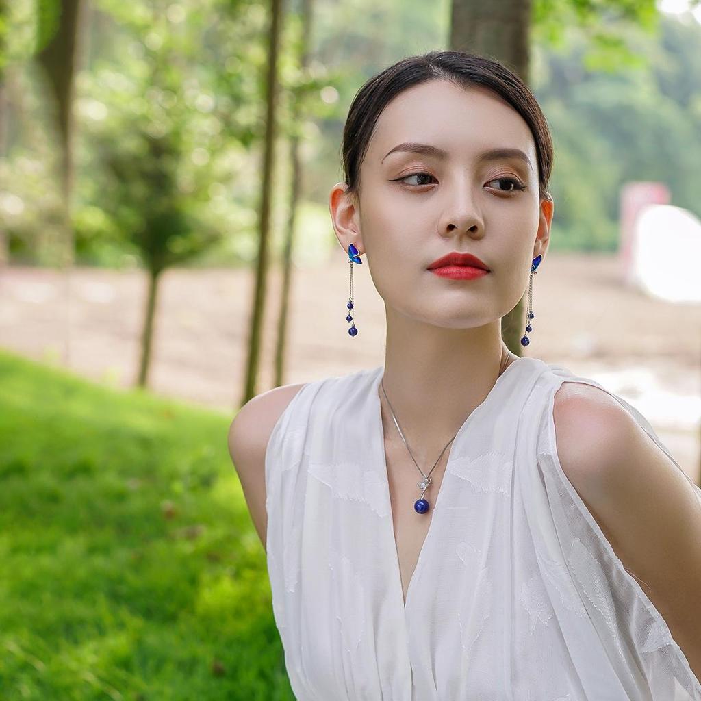 Echte Sterling Silber Emaille Kunst Vintage Stil Schmetterling Ohrringe mit blauen Lapis Lazuli Edelstein Quasten Ohrstecker handgefertigt