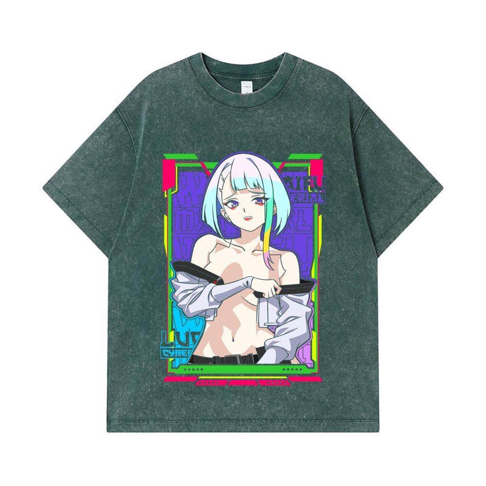 275 GSM Gewaschene T-Shirts 100% Baumwolle Cyberpunk V11 Lucy Waifu Print Unisex Schweres Baumwoll-T-Shirt