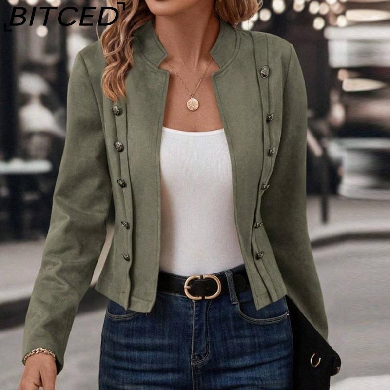 BITCED Women's Solid Color Double-Breasted Decorative Jacket In Deer Velvet Retro Long-Sleeve Coat
