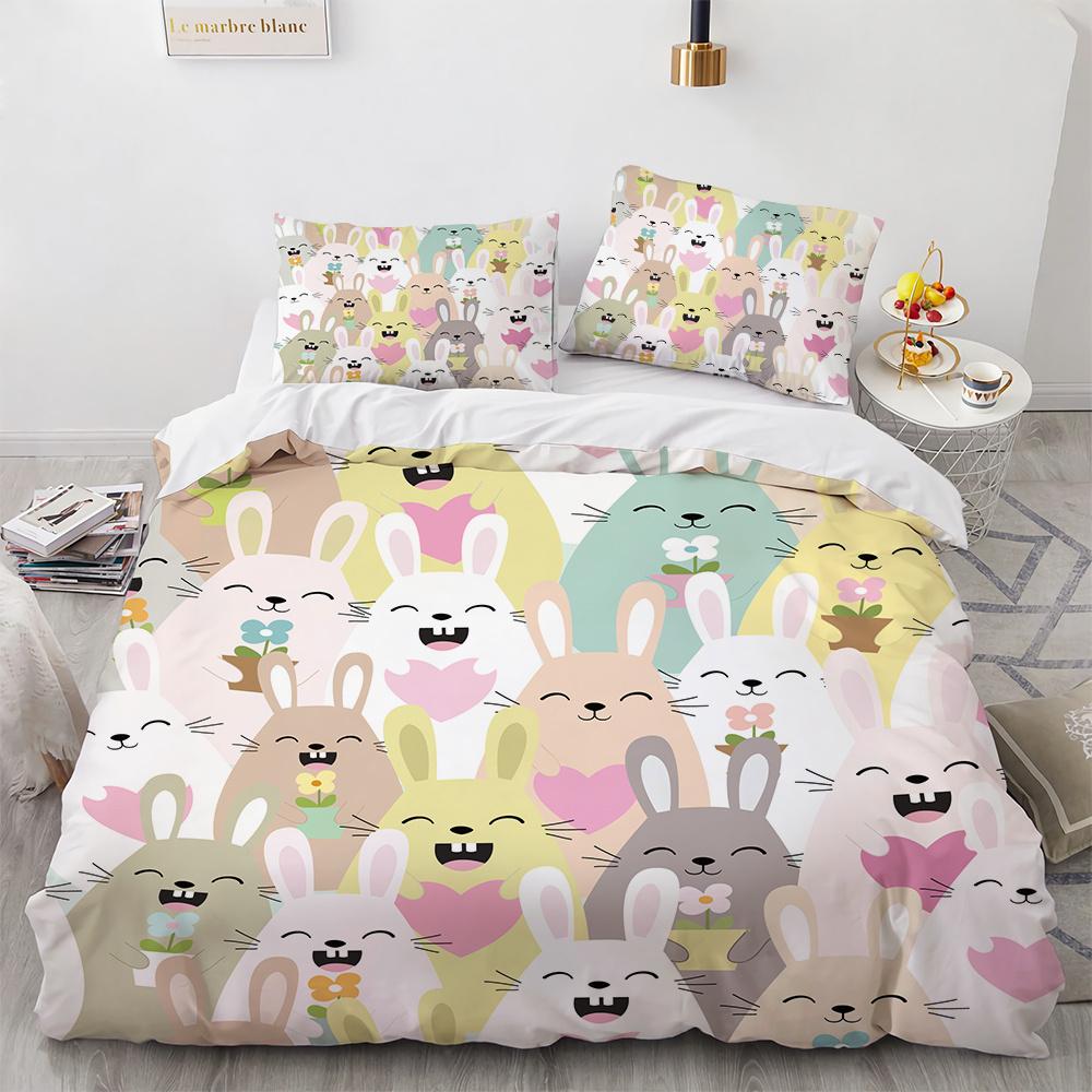 Tecknade Djur Påslakan Set Bi Björnar Kaniner Sött Mönster Täcktäck med Kuddfodral King Queen Full Storlek För Barn Flicka