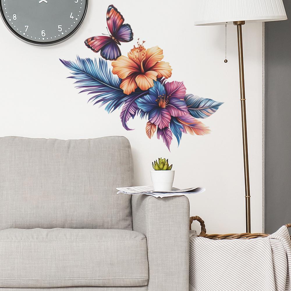 Irisierende Federn, Blumen & Schmetterlinge Wandaufkleber für Schlafzimmer Wohnzimmer Hintergrundwand Dekoration Selbstklebend Abnehmbar Heimdekoration