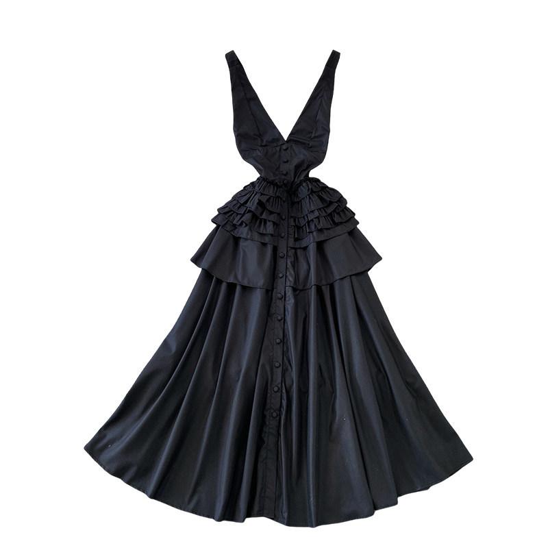 Seaside vacation style sexy backless V-neck suspender dress women's niche design ruffle edge waist cardigan long dress
