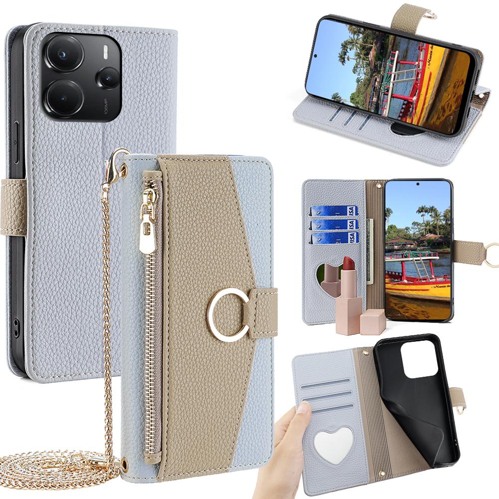 

Для Xiaomi Redmi Note 14 4G (164,84 мм) Чохол Дзеркало Гаманець Шкіряний Чохол для Телефону з Ланцюжком Наплічним Ремінцем Blue