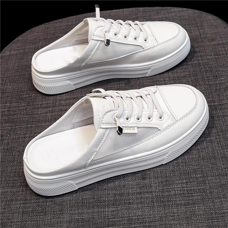 

Полуприкрытые маленькие белые туфли для женщин для ношения на улице летние новые толстоподошвенные увеличивающие рост ленивые без каблука с закрытым носком классная поддержка повседневная обувь 40