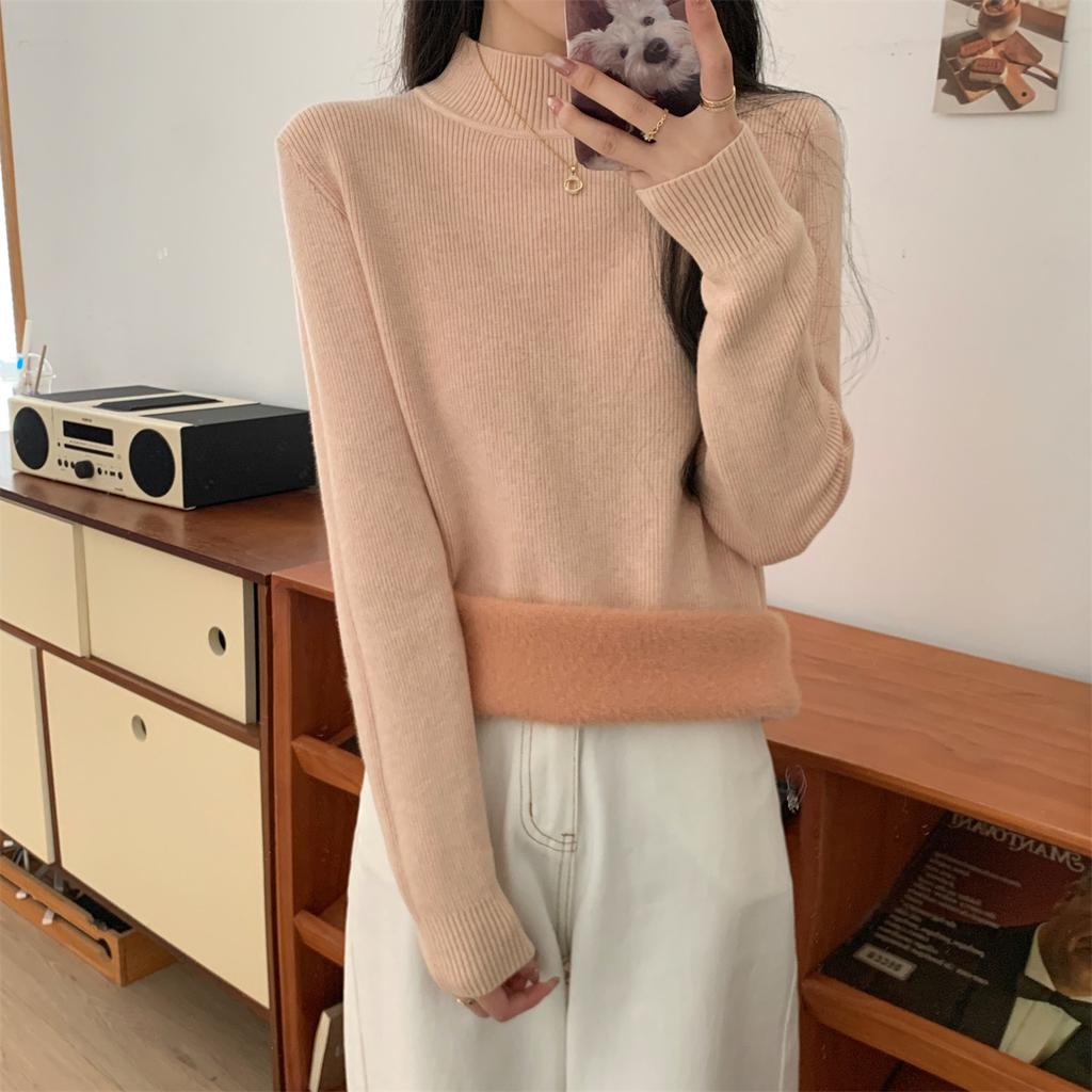 Winter 2025 semi-turtleneck knitted sweater women's thickened integrated fleece warm inner top simple solid color bottoming shirt