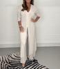 Women's V-Neck Long-Sleeve Slit Top with Wide-Leg Pants - Summer Solid Color Set