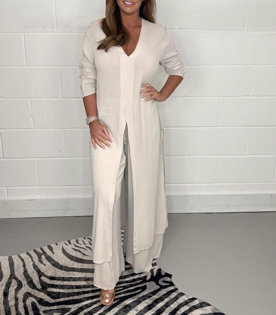 Women's V-Neck Long-Sleeve Slit Top with Wide-Leg Pants - Summer Solid Color Set