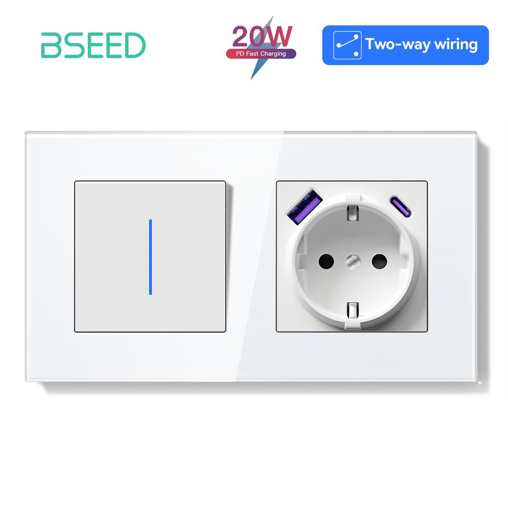 BSEED 1/2Gang Mechanical Light Switches 2way Pass Through Switch With EU Socket USB Type-c LED Indicator Glass Frames E Series