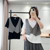 2026 Summer Faux 2-Piece Plus Size Short Sleeve Color Block Slimming Top for Women
