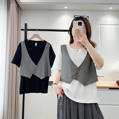 2026 Summer Faux 2-Piece Plus Size Short Sleeve Color Block Slimming Top for Women