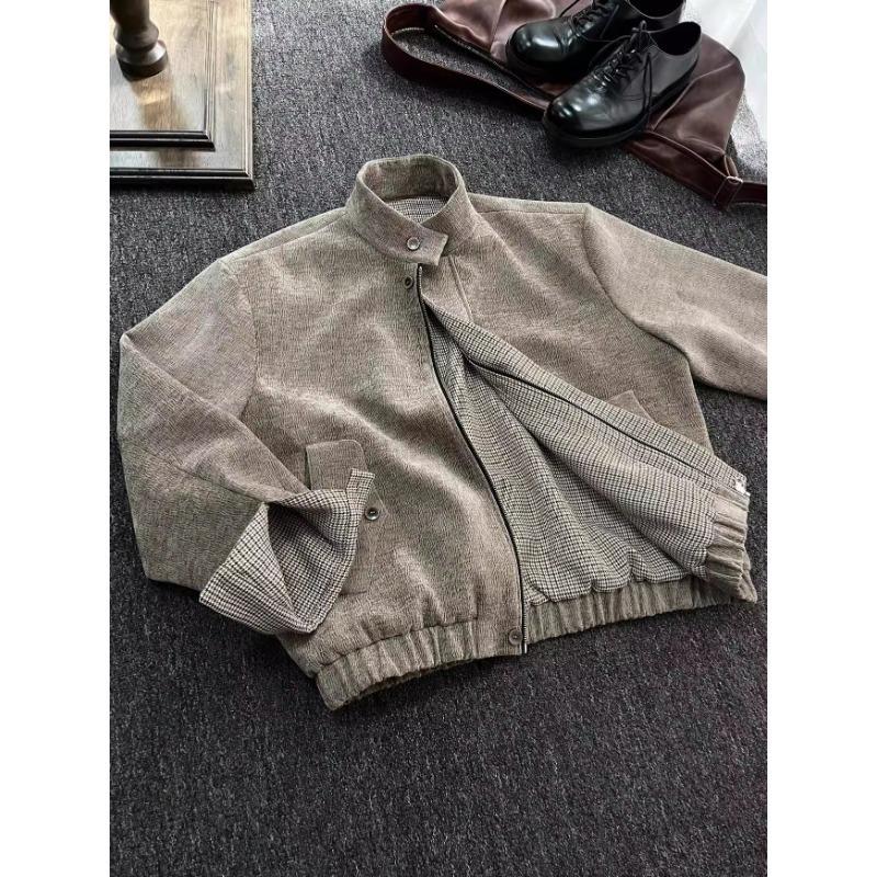 Men's Houndstooth Harrington Jacket: Retro Wood Grain, Short Stand-Up Collar, Spring/Autumn High-End Design.
