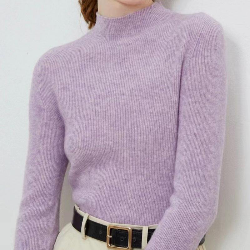 IHUASU Women's Semi-high Neck Wool Sweater Women 100% Pure Wool Slim Cashmere Knitting Bottoming Tight Inner Jumper