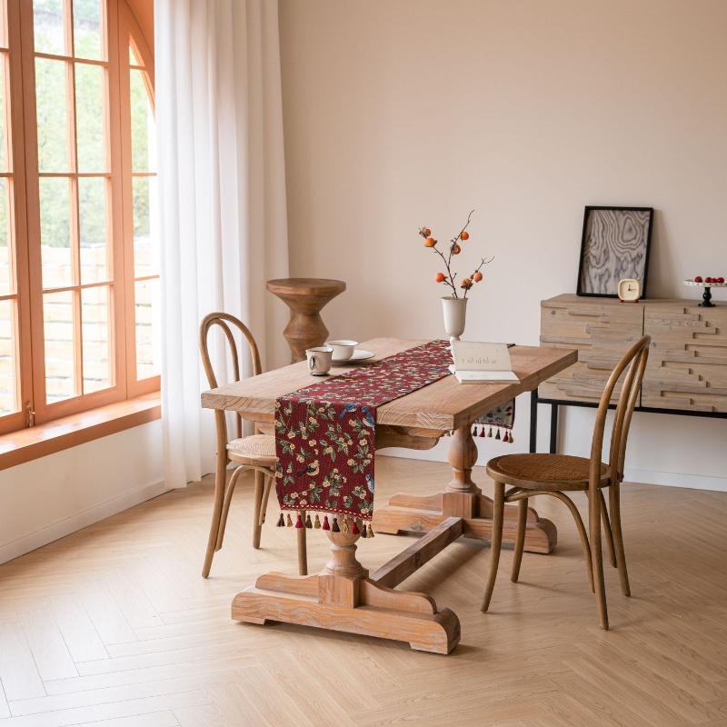 Tassels Retro Table Runner,Jacquard Jujube Red Oriole Pattern Table Decor, Floral Table Decoration for Christmas Kitchen Dining Home Party Festival