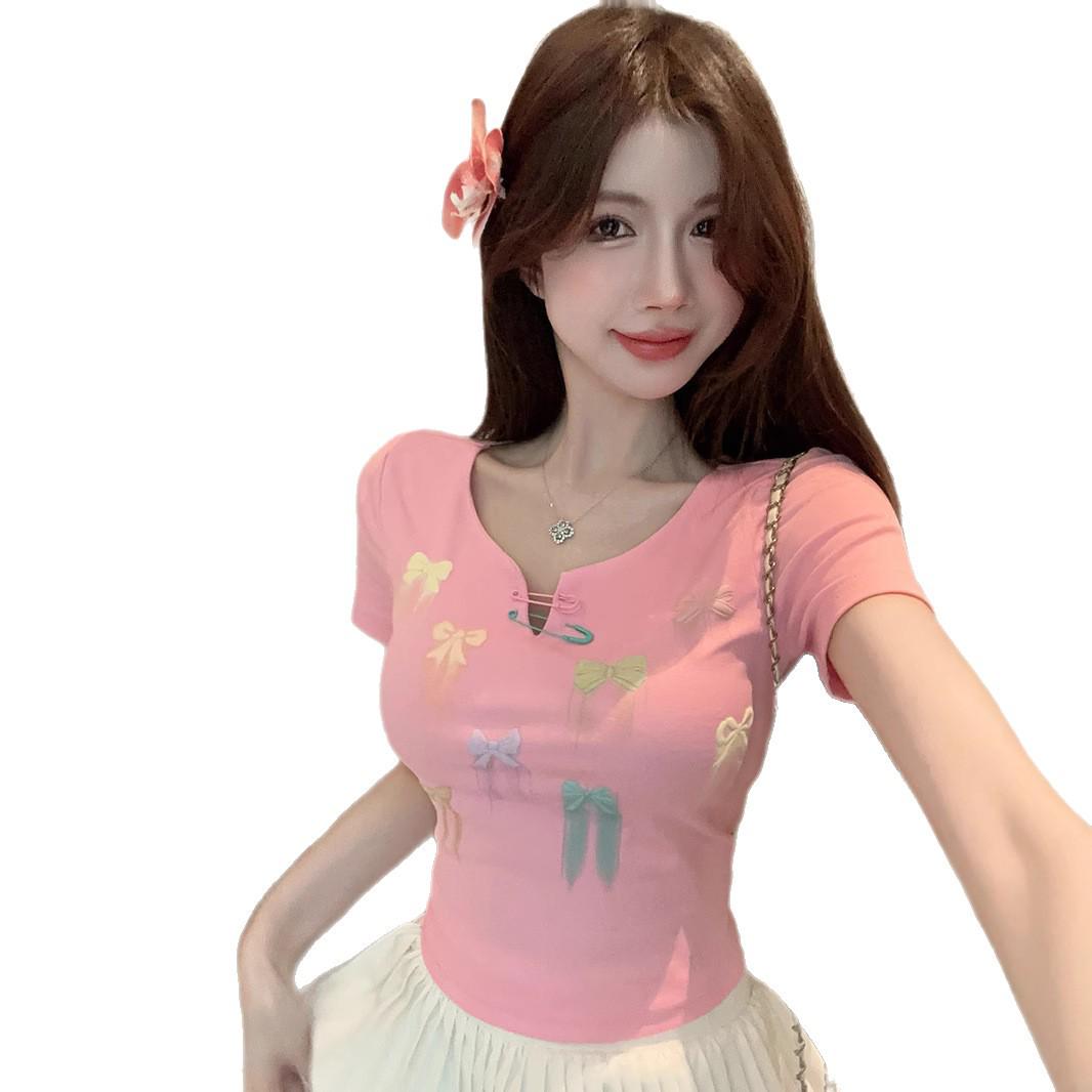 Dopamine Bowknot Cropped Short-Sleeve T-Shirt for Women - Sweet and Spicy Summer Style S