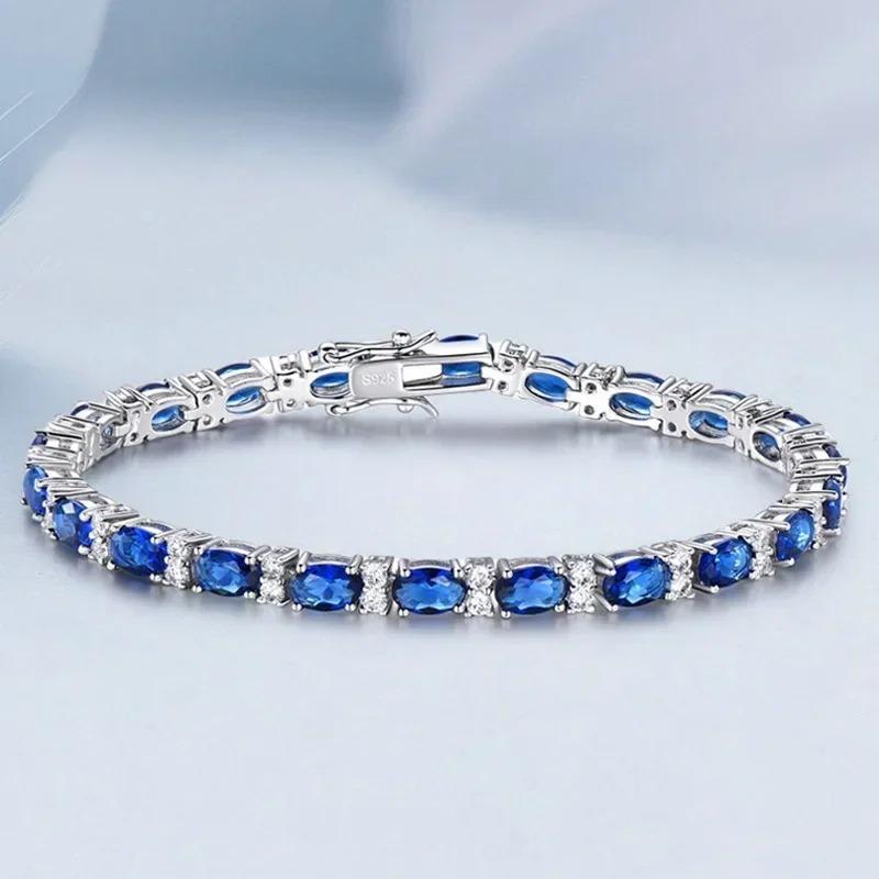 Браслет из стерлингового серебра 925 пробы с сапфиром для женщин, элегантное сияние, драгоценный камень, массивный браслет, высококачественные ювелирные изделия для свадьбы, вечеринки, подарки